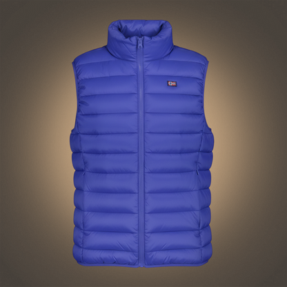 Chaleco acolchado azul de hombre liquidationlive con cremallera, bolsillos y logo de Noruega 1963 en el pecho