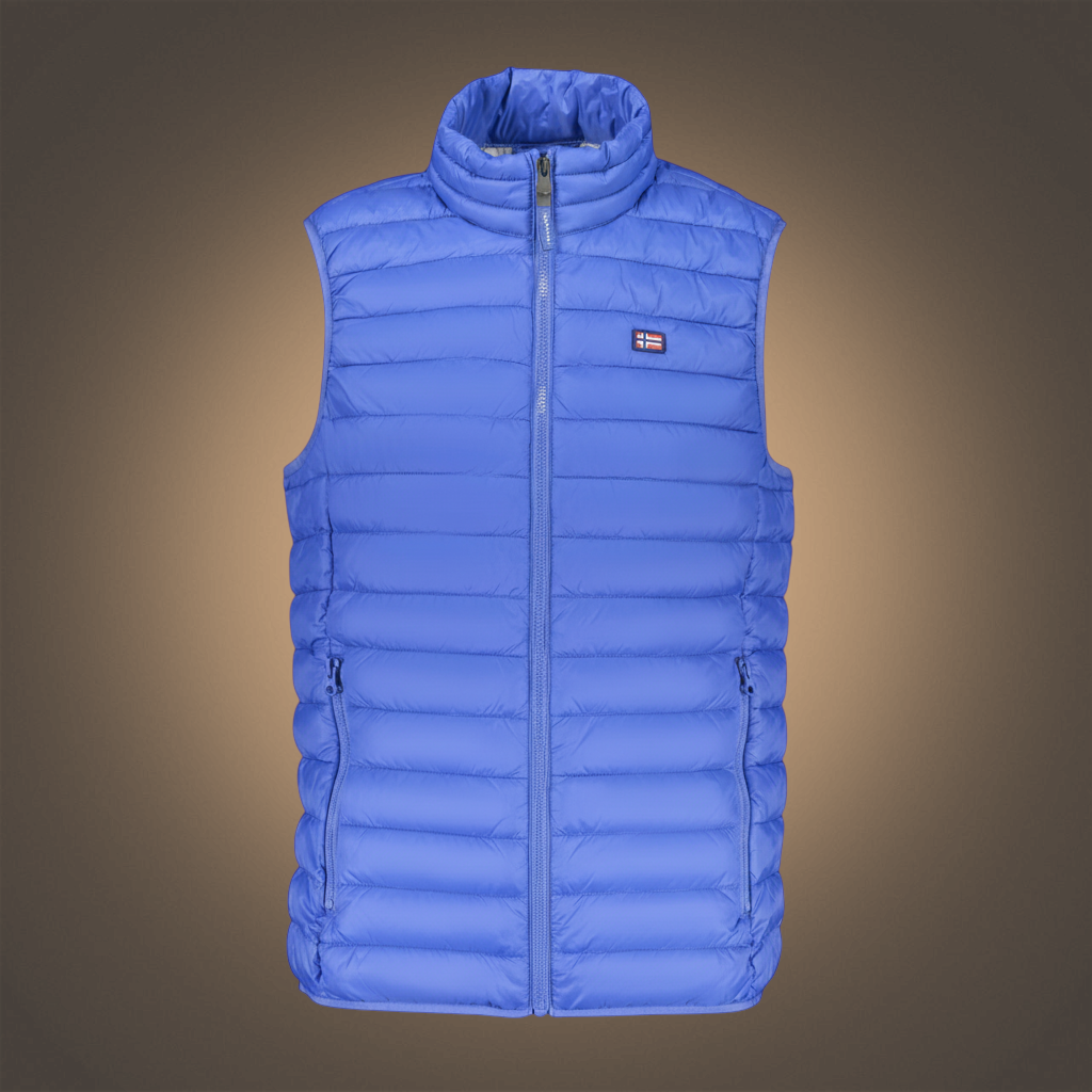 Chaleco acolchado azul Norway 1963 de liquidationlive con cremallera frontal, cuello alto y bolsillos laterales.