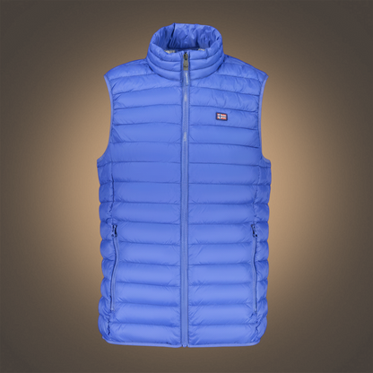 Chaleco acolchado azul Norway 1963 de liquidationlive con cremallera frontal, cuello alto y bolsillos laterales.