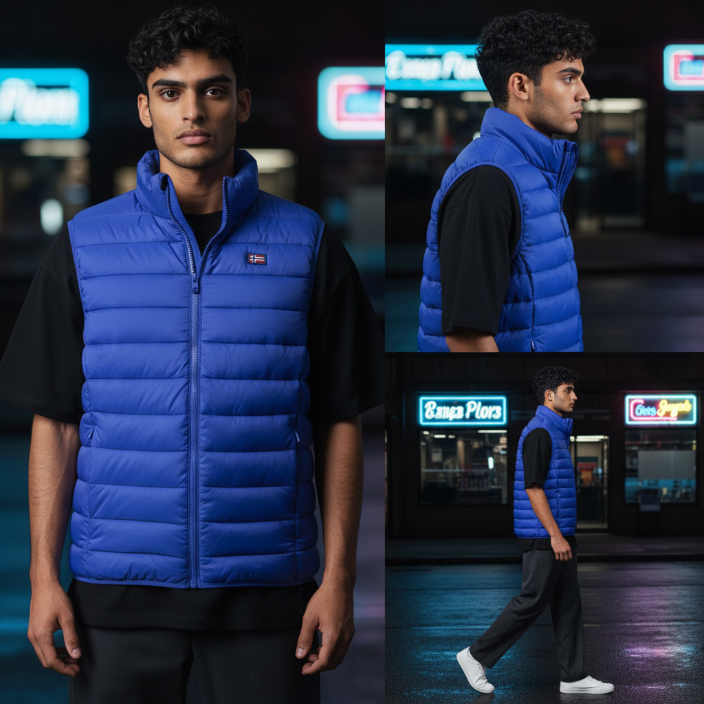 Chaleco acolchado azul de liquidationlive con cremallera, bolsillos y logo, usado por un hombre en entorno urbano