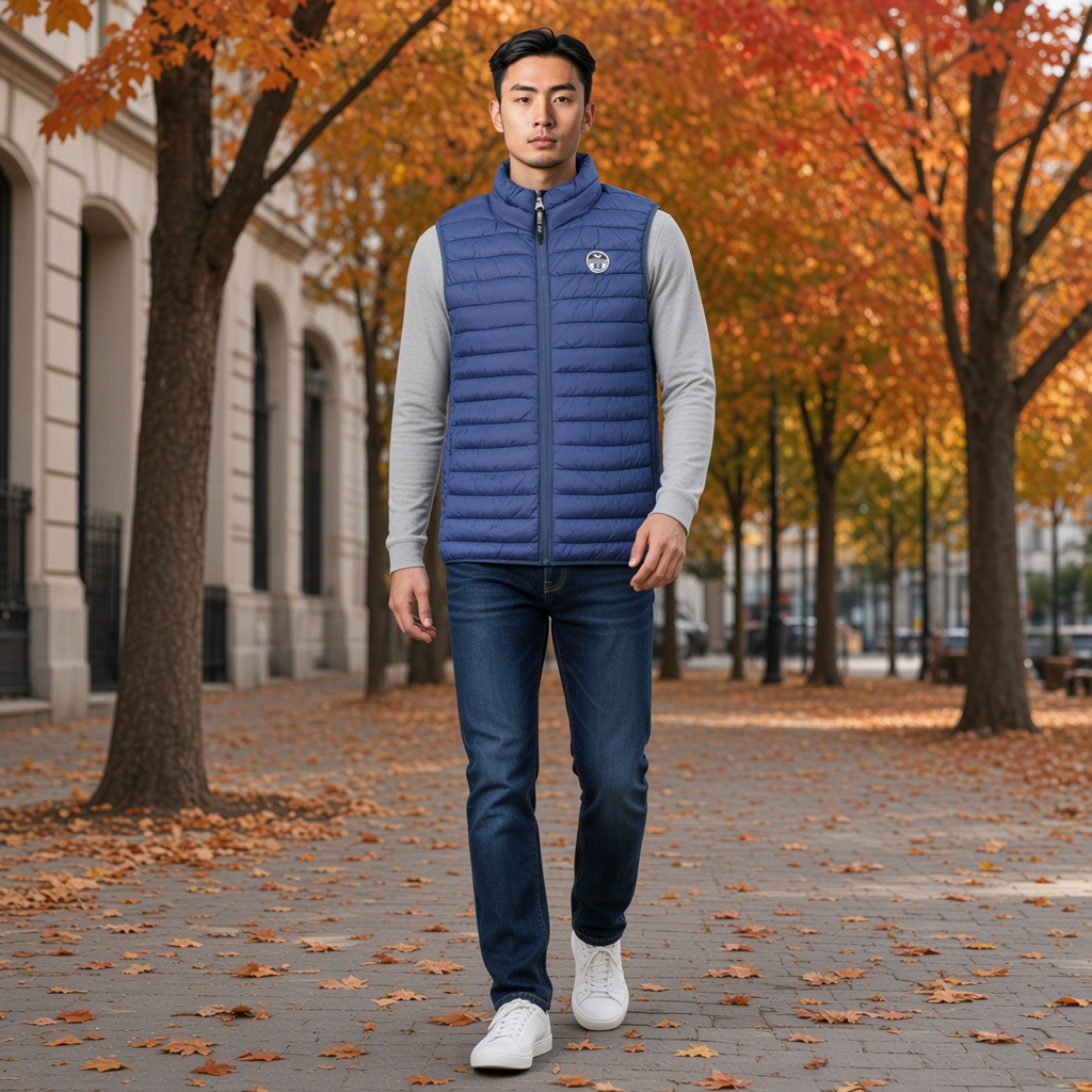 Hombre con chaleco azul acolchado North Sails sobre sudadera gris, caminando en un parque otoñal de liquidationlive