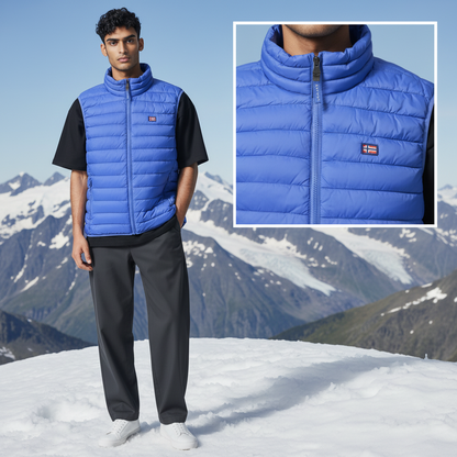 Hombre vistiendo chaleco acolchado azul de liquidationlive sobre camiseta negra en un paisaje montañoso nevado