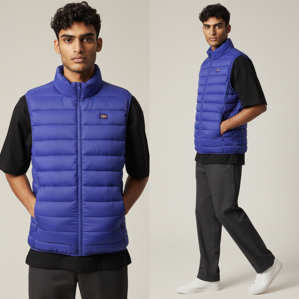 Chaleco acolchado azul de liquidationlive con cremallera, bolsillos y logo, usado por un modelo sobre camiseta negra
