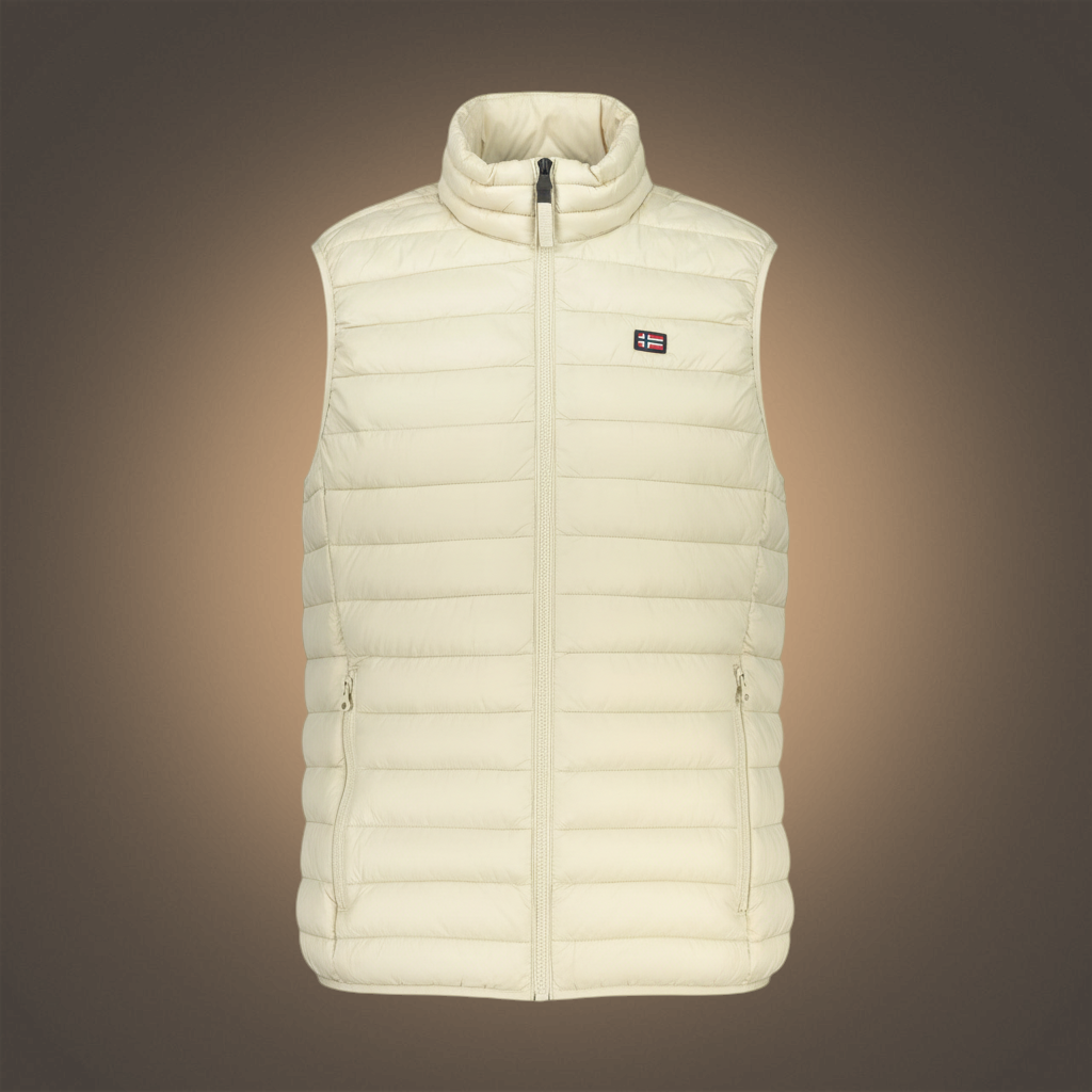 Chaleco acolchado beige de liquidationlive con cremallera frontal, bolsillos laterales y logo de Norway 1963