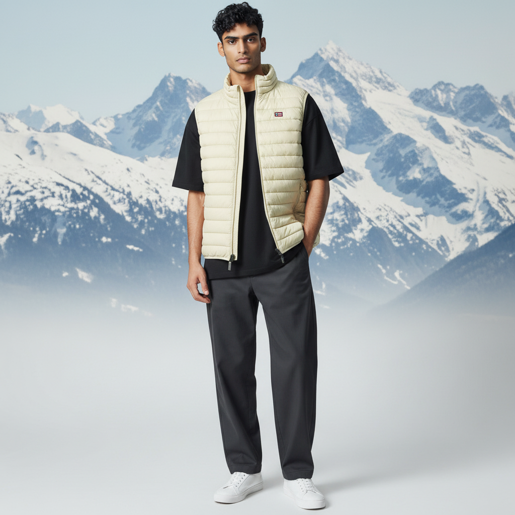 Modelo vistiendo chaleco acolchado beige Norway 1963 de liquidationlive sobre camiseta negra frente a montañas