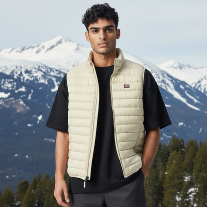 Hombre con chaleco acolchado beige de liquidationlive sobre camiseta negra frente a montañas nevadas