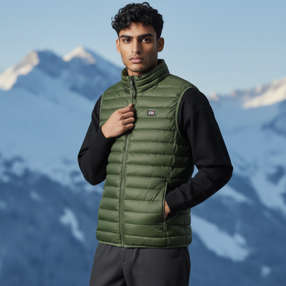 Hombre con chaleco acolchado verde Norway 1963 de liquidationlive sobre jersey negro frente a montañas nevadas