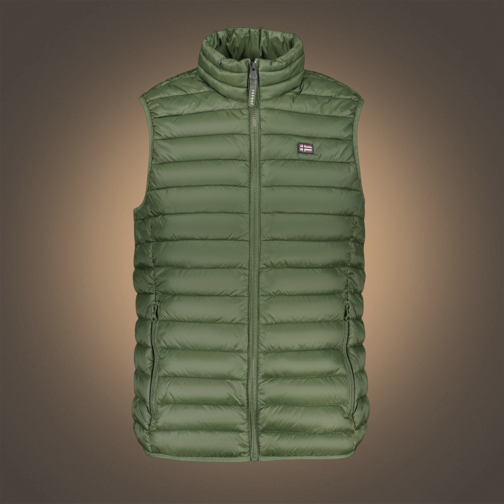 Chaleco acolchado verde liquidationlive con cremallera, cuello alto y parche de la marca en el pecho