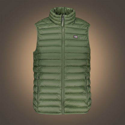Chaleco acolchado verde liquidationlive con cremallera, cuello alto y parche de la marca en el pecho