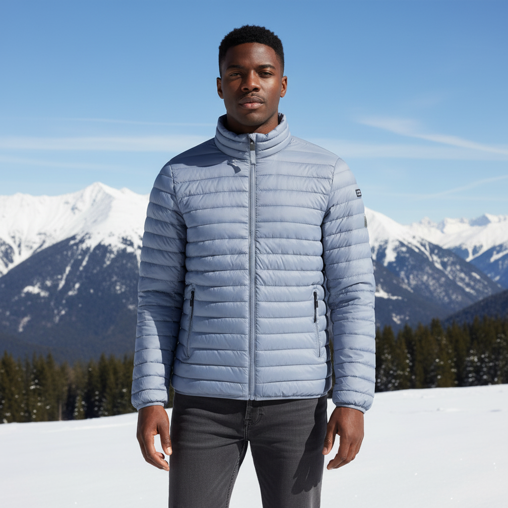 Chaqueta acolchada azul cielo Norway 1963 con cremallera y bolsillos, usada por un hombre en un paisaje nevado.