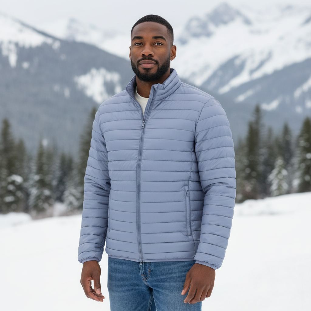 Hombre con chaqueta acolchada azul cielo de liquidationlive, diseño ligero con cremallera en paisaje nevado