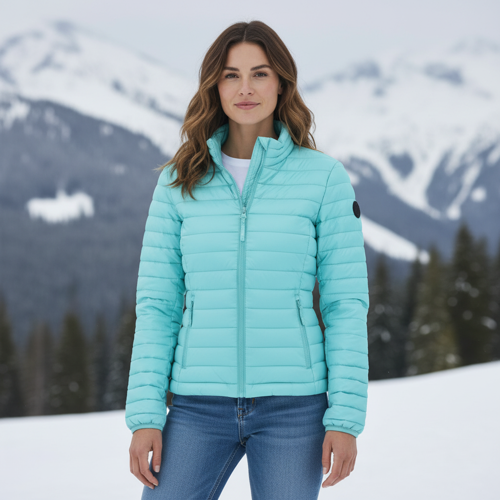 Mujer vistiendo chaqueta acolchada color turquesa de liquidationlive con cremallera y logo en un paisaje nevado