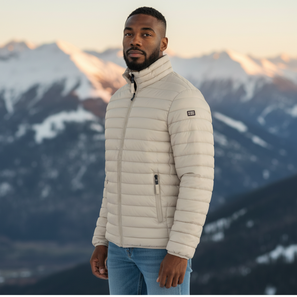 Hombre vistiendo chaqueta acolchada beige de liquidationlive con cremallera y logo en un paisaje de montaña nevada