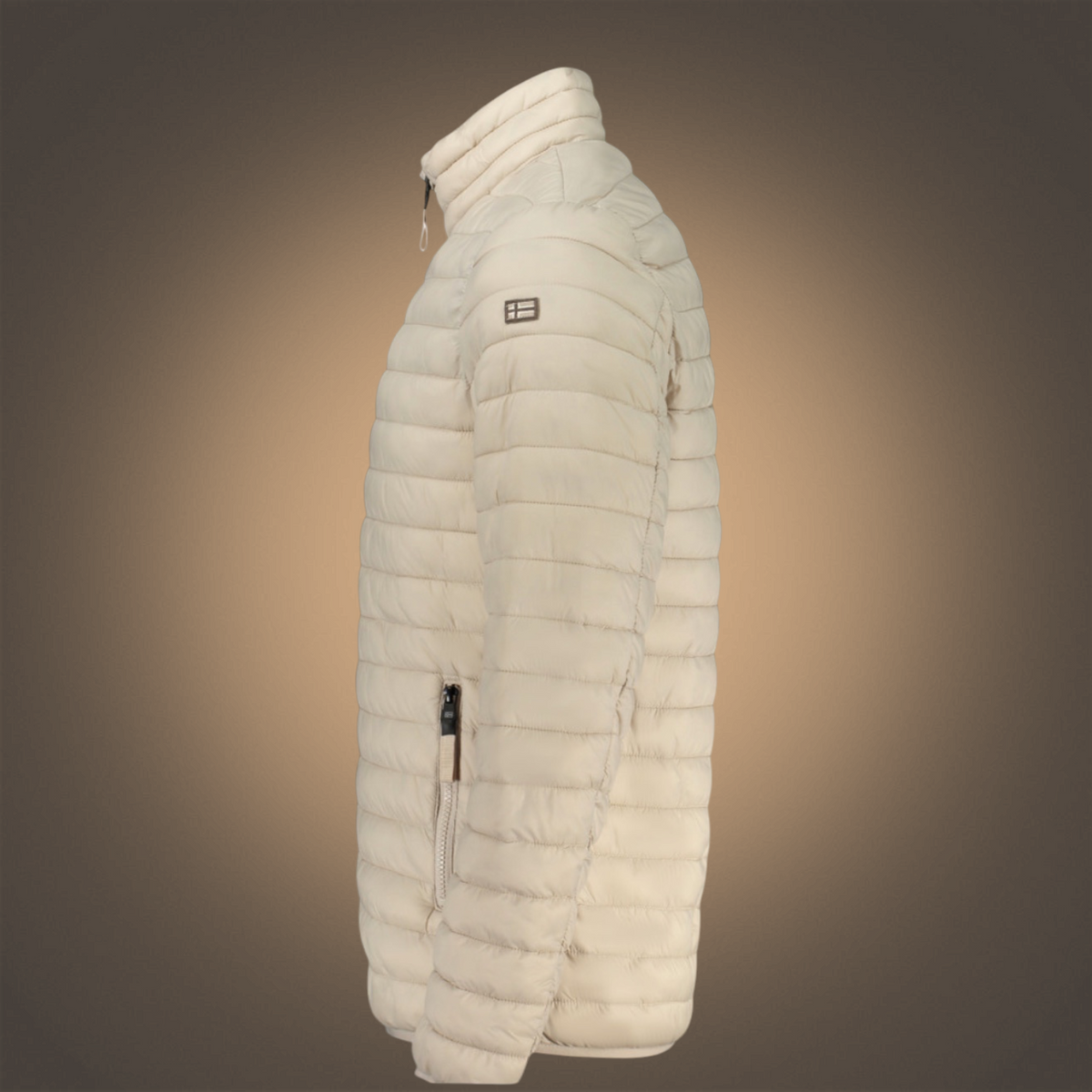 Chaqueta acolchada beige Norway 1963 de liquidationlive con cuello alto, cremallera y bolsillos laterales
