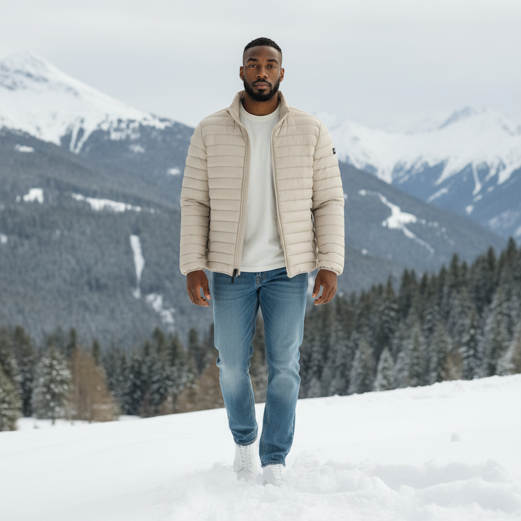 Hombre con chaqueta acolchada beige Norway 1963, camiseta blanca y vaqueros en un paisaje nevado de montaña