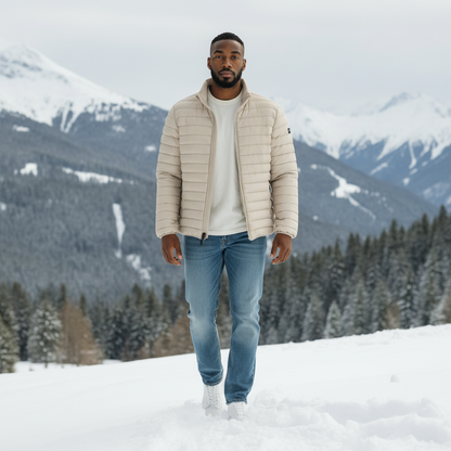 Hombre con chaqueta acolchada beige Norway 1963, camiseta blanca y vaqueros en un paisaje nevado de montaña