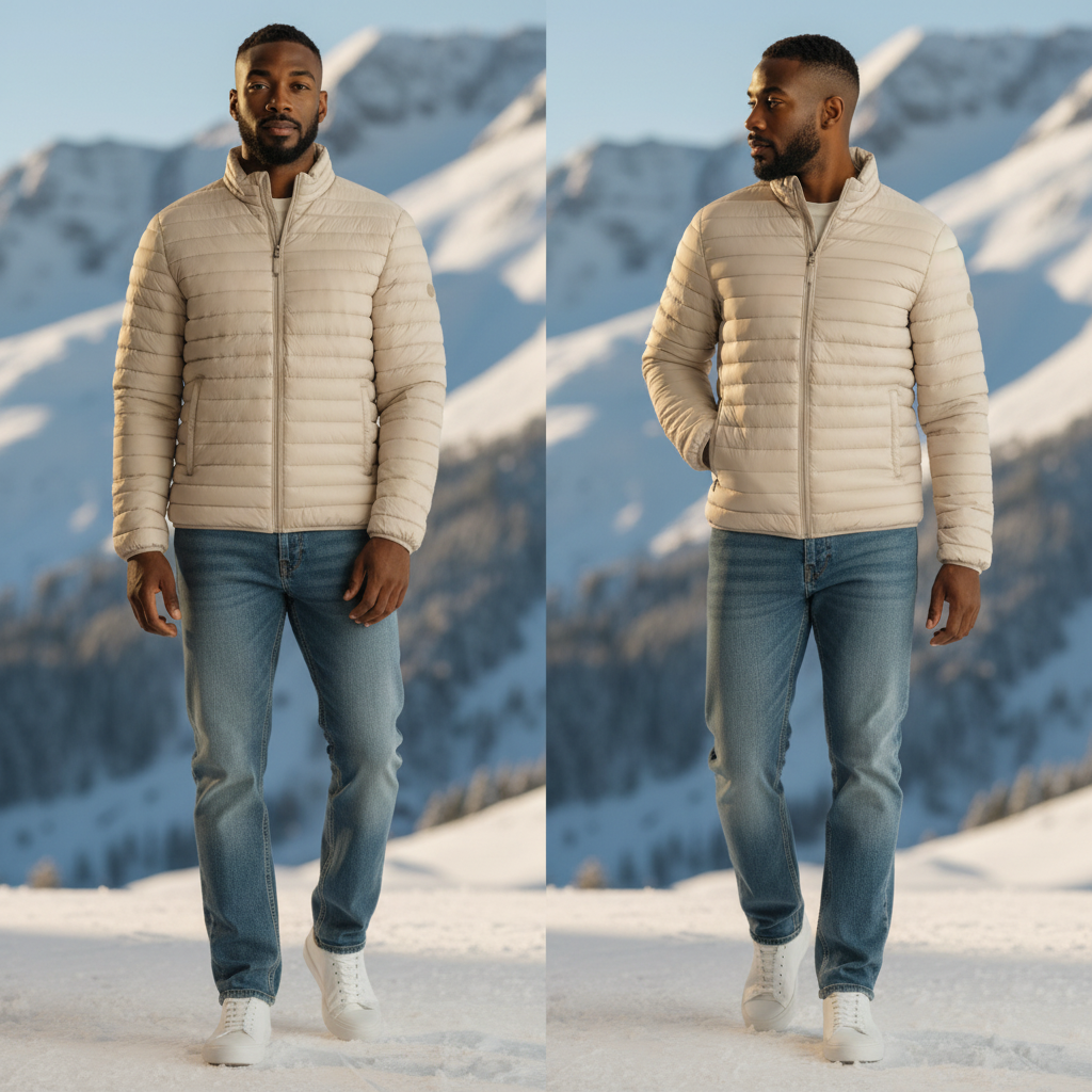 Hombre con chaqueta acolchada beige Norway 1963 de liquidationlive, con cremallera y bolsillos en paisaje nevado