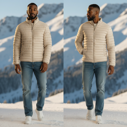 Hombre con chaqueta acolchada beige Norway 1963 de liquidationlive, con cremallera y bolsillos en paisaje nevado