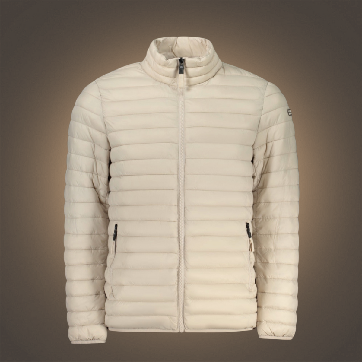 Chaqueta acolchada beige Norway 1963 de liquidationlive con cremallera frontal y cuatro bolsillos prácticos