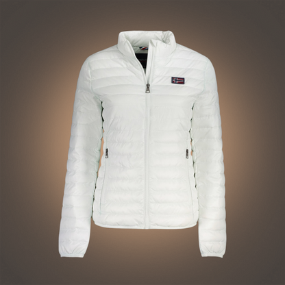 Chaqueta acolchada blanca de mujer Norway 1963 de liquidationlive con cremallera y logo en el pecho