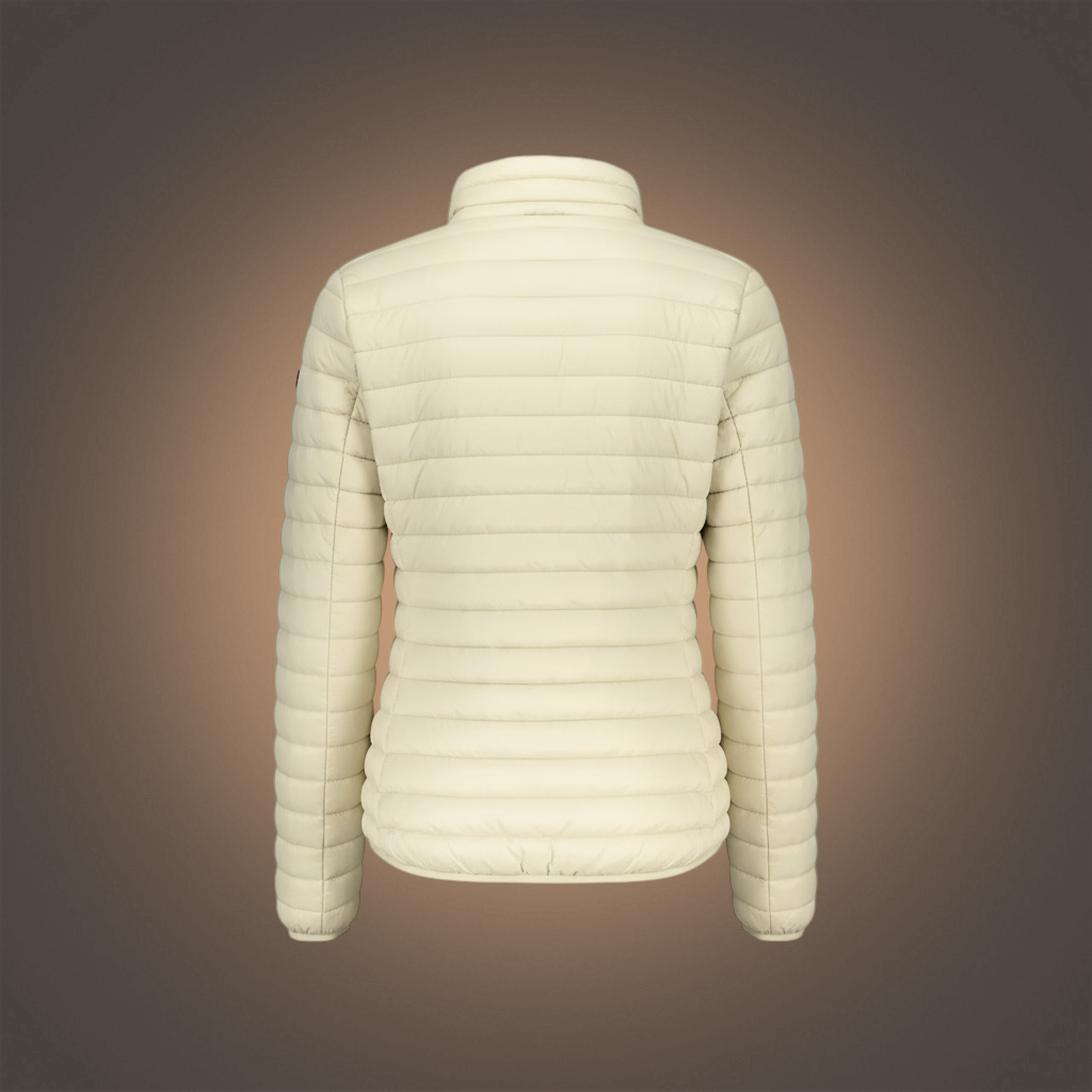 Chaqueta acolchada ligera color crema de Norway 1963 para mujer, vista trasera con cuello alto y diseño entallado.