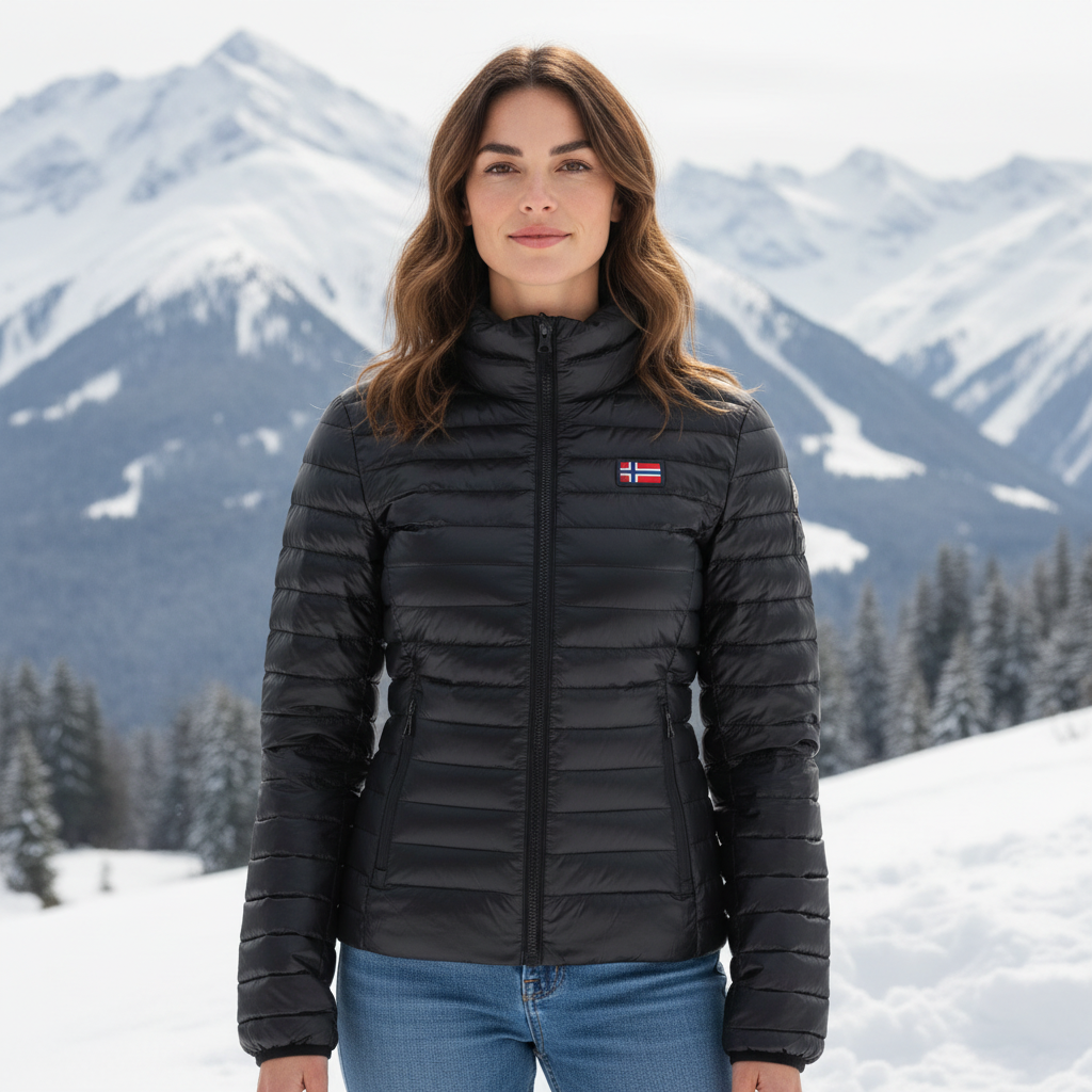 Mujer con chaqueta acolchada negra Norway 1963 ligera con cremallera y logo en el pecho frente a montañas nevadas