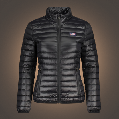 Chaqueta acolchada negra de mujer Norway 1963 con cremallera, bolsillos laterales y logo en el pecho de liquidationlive