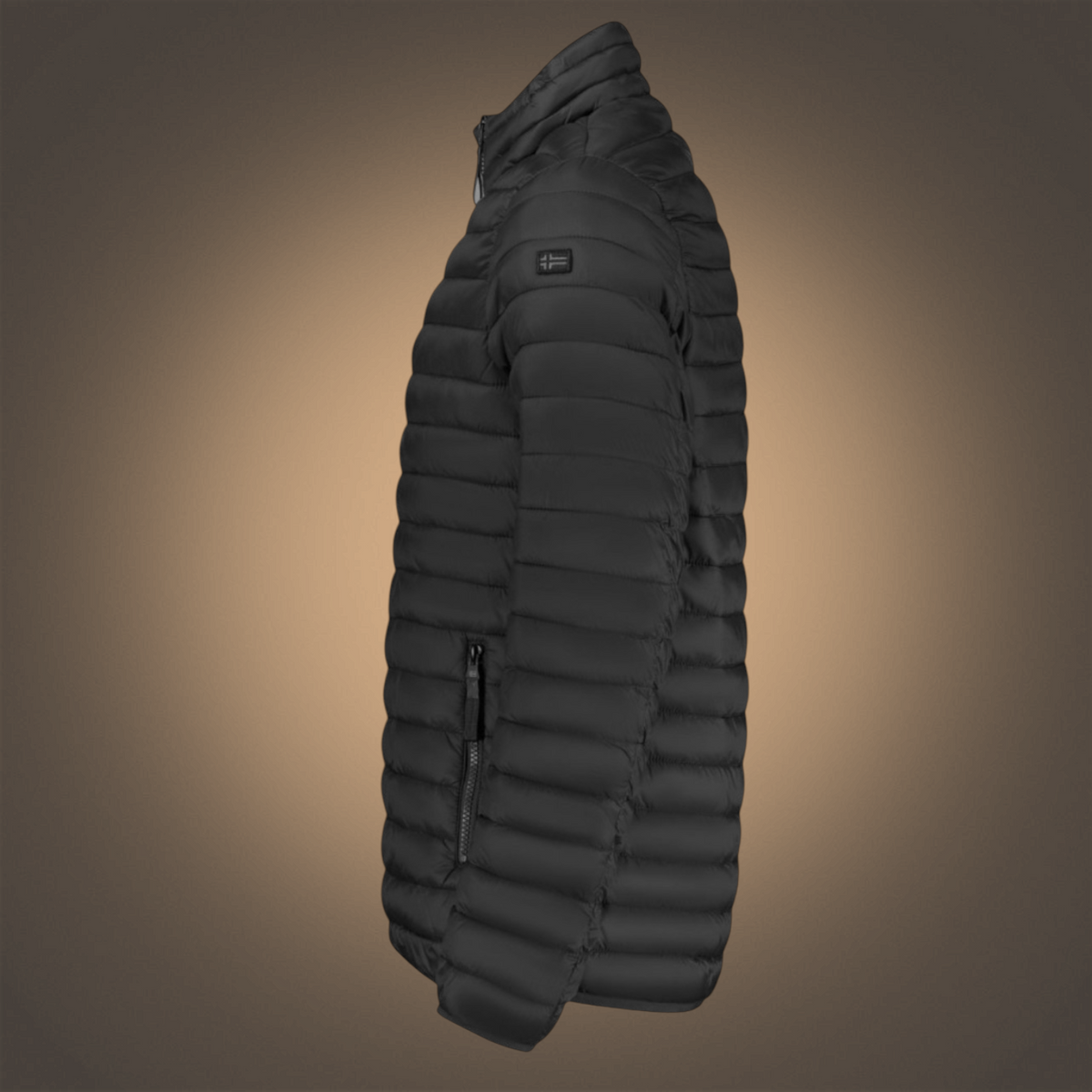 Chaqueta acolchada negra Norway 1963 de liquidationlive con cremallera y bolsillos laterales, vista de perfil