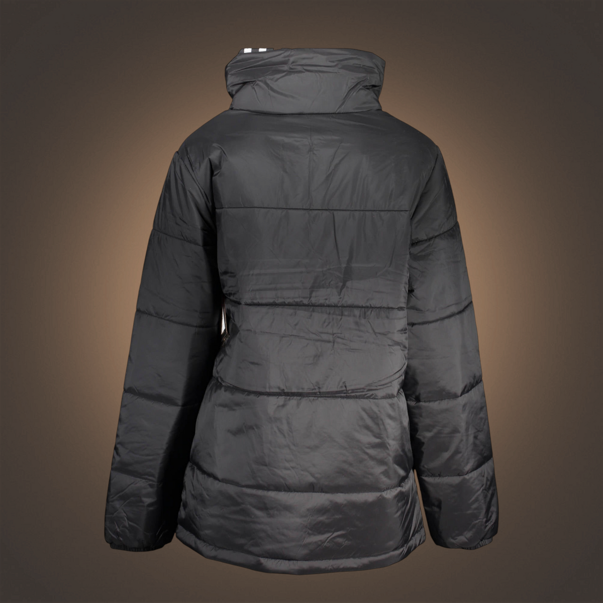 Chaqueta acolchada reversible negra de liquidationlive con paneles horizontales y cuello alto vista trasera