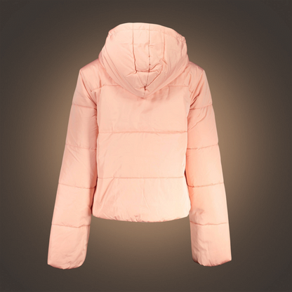 Chaqueta acolchada rosa con capucha de liquidationlive, estilo urbano con cierre de cremallera y diseño skate