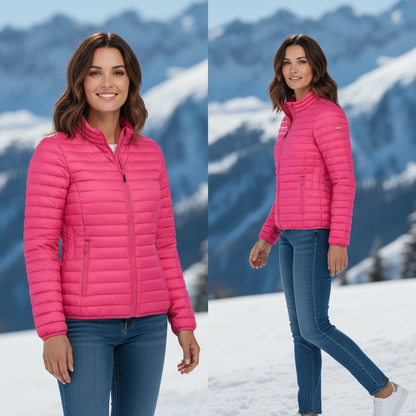 Chaqueta acolchada rosa de mujer Norway 1963 con cremallera y bolsillos, usada por modelo en paisaje nevado