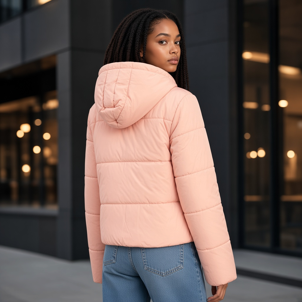 Chaqueta acolchada rosa con capucha de liquidationlive, estilo urbano con cierre de cremallera y ajuste cómodo.