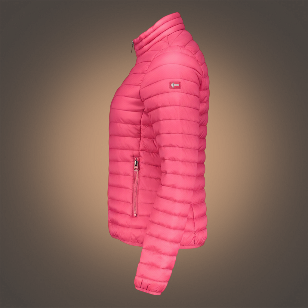 Chaqueta acolchada rosa de mujer Norway 1963 con cremallera y logo, vista lateral, de liquidationlive