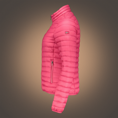 Chaqueta acolchada rosa de mujer Norway 1963 con cremallera y logo, vista lateral, de liquidationlive