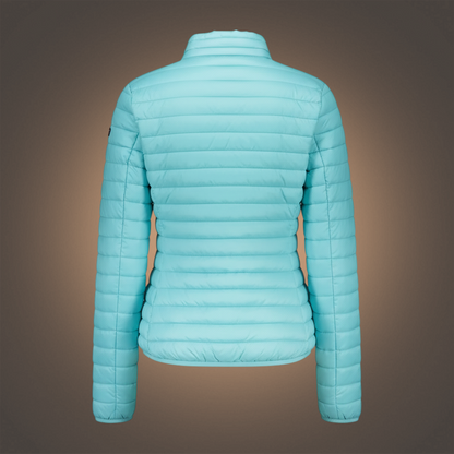Vista trasera de chaqueta acolchada ligera color turquesa para mujer de la marca liquidationlive Norway 1963