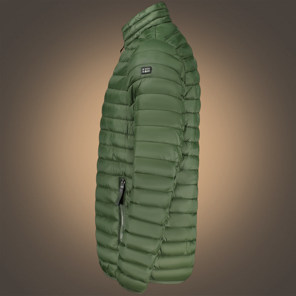 Chaqueta acolchada verde liquidationlive con cremallera y logo en la manga, vista lateral