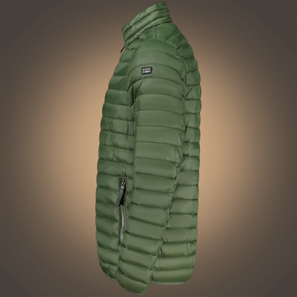 Chaqueta acolchada verde liquidationlive con cremallera y logo en la manga, vista lateral