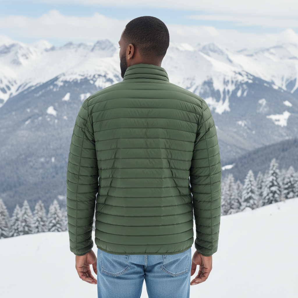 Hombre de espaldas vistiendo chaqueta acolchada verde de liquidationlive con montañas nevadas de fondo