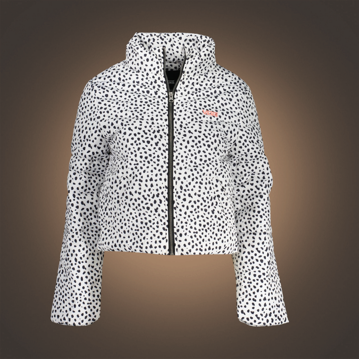 Chaqueta acolchada blanca con estampado de puntos negros y logo Vans bordado para niña de liquidationlive