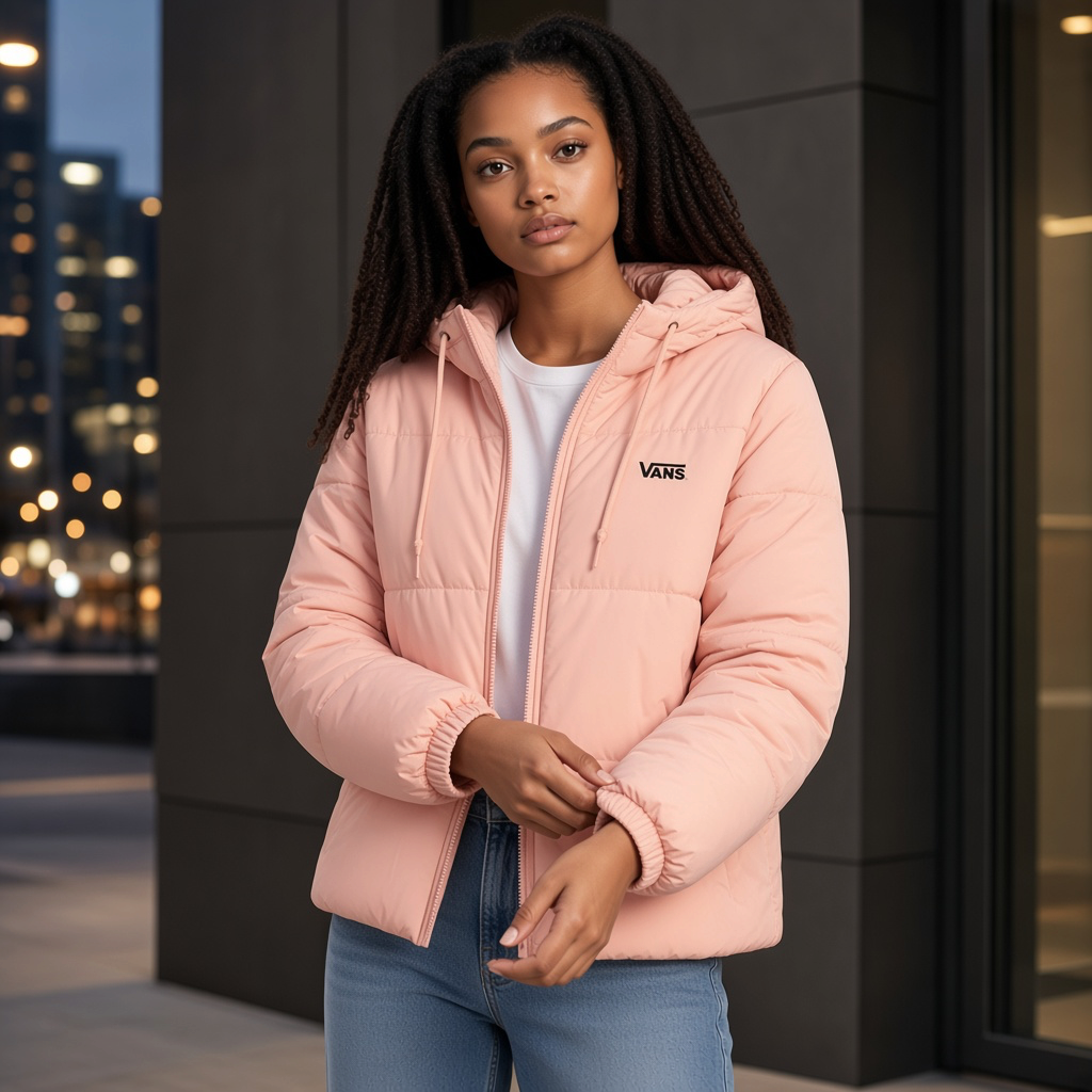Chaqueta acolchada rosa con capucha y logo Vans bordado, vestida por una modelo en un entorno urbano.