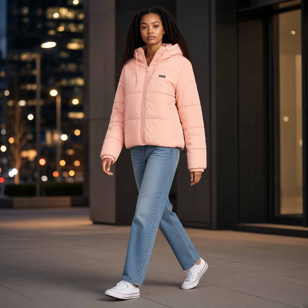 Chaqueta acolchada rosa con capucha y logo Vans de liquidationlive, usada por una modelo con vaqueros y zapatillas