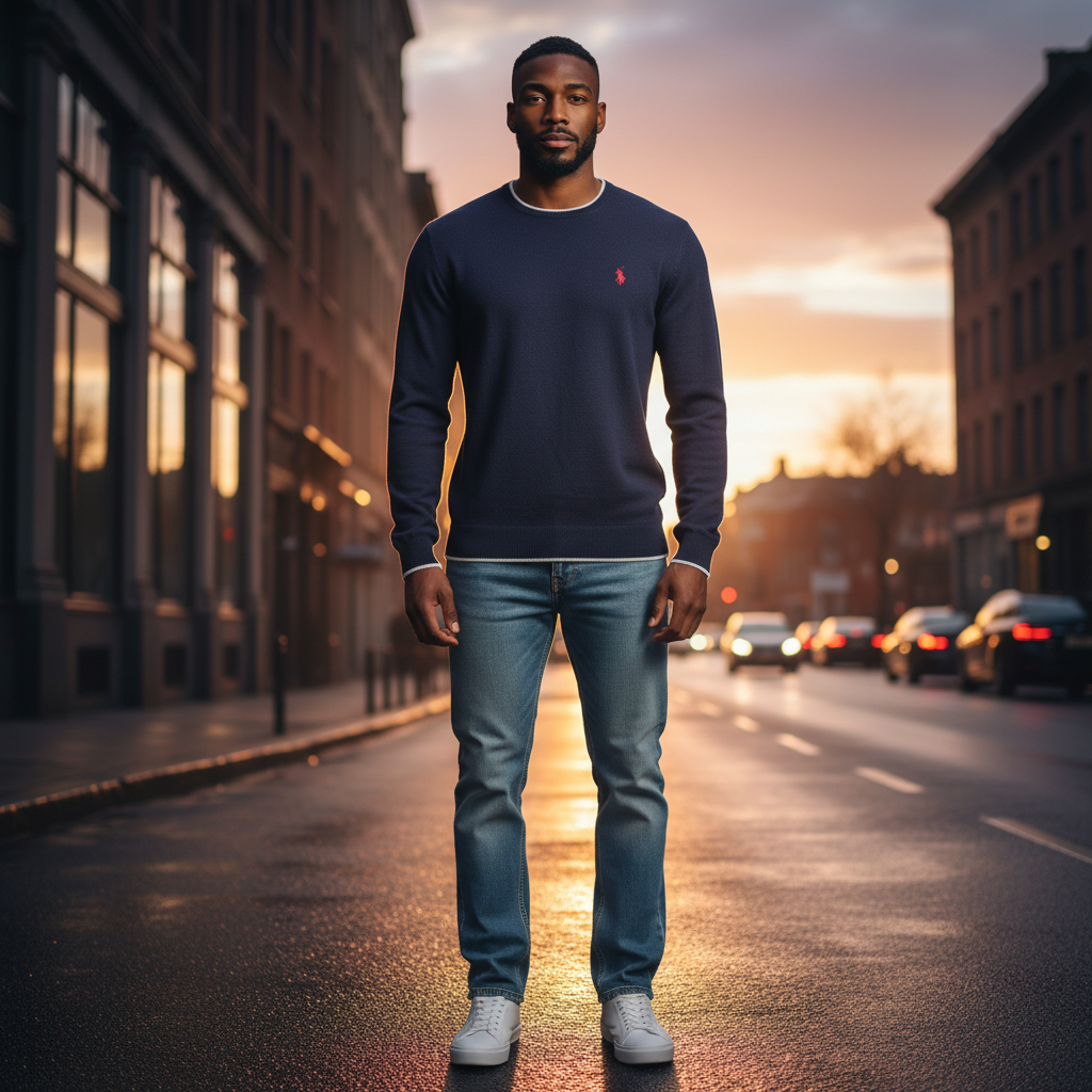 Hombre vistiendo jersey azul de cuello redondo U.S. Polo Assn. con jeans en una calle urbana al atardecer