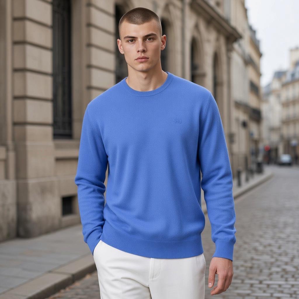 Hombre con jersey azul de cuello redondo La Martina con bordado discreto, combinado con pantalones blancos en la calle