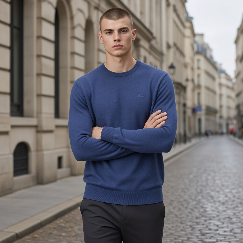 Jersey azul de cuello redondo para hombre de liquidationlive con bordado discreto en el pecho en entorno urbano