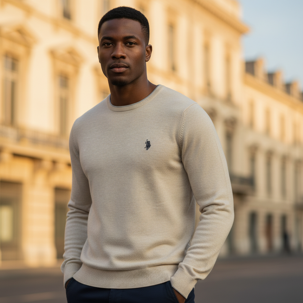 Hombre con jersey beige de punto U.S. Polo Assn. de cuello redondo y corte ajustado en un entorno urbano