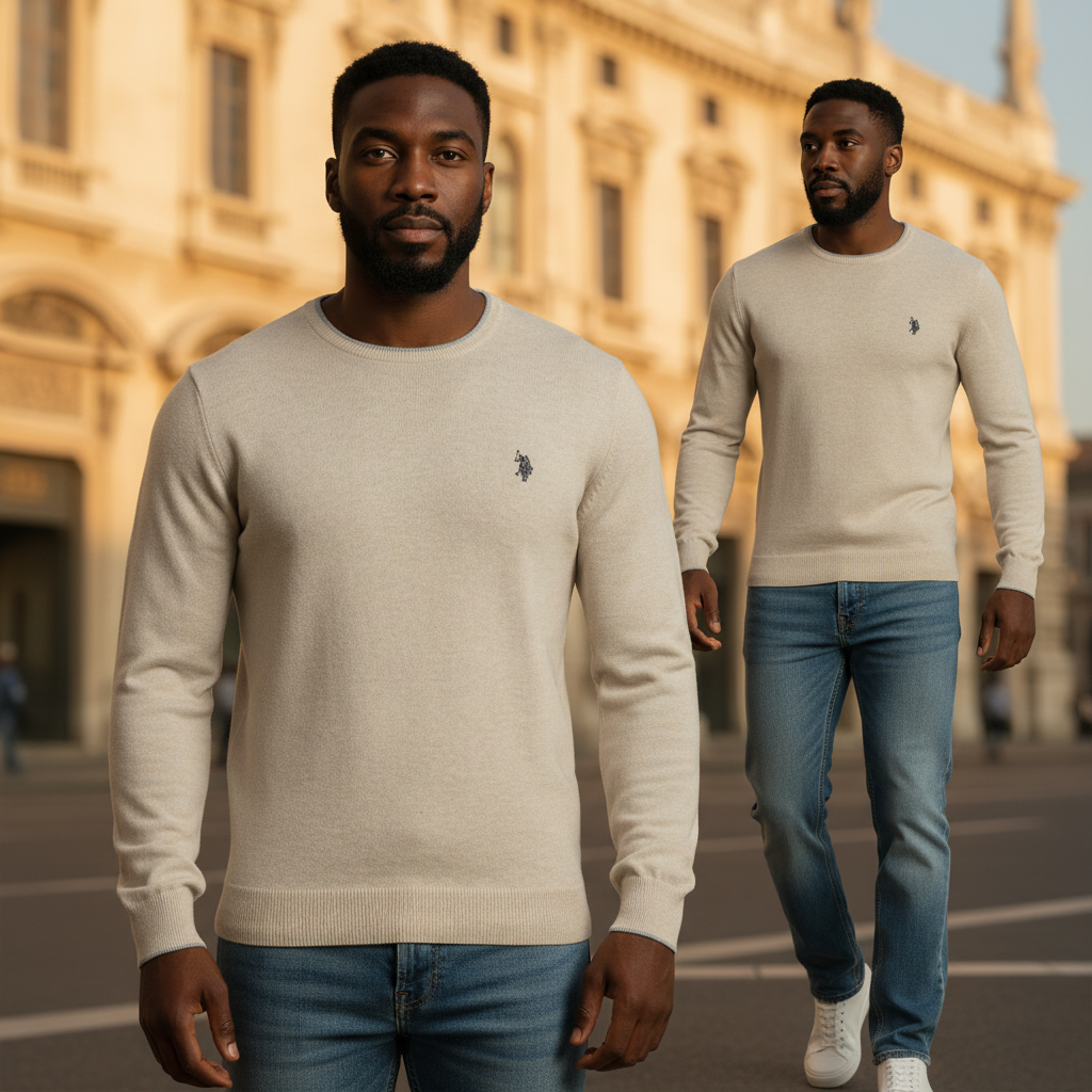 Hombre con jersey beige de cuello redondo U.S. Polo Assn. y vaqueros, estilo casual elegante en entorno urbano.