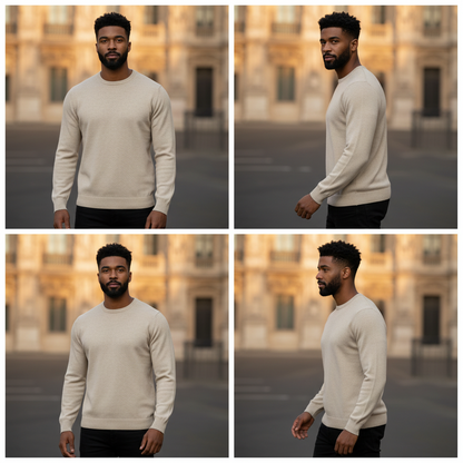 Modelo vistiendo jersey beige de punto con cuello redondo de liquidationlive en un entorno urbano otoñal