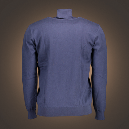 Jersey de cuello alto azul para hombre de liquidationlive con manga larga y puños acanalados, vista trasera.