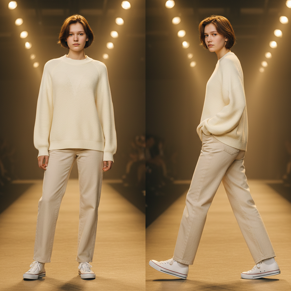 Modelo con jersey de cuello alto blanco Desigual y pantalones claros en pasarela con iluminación cálida