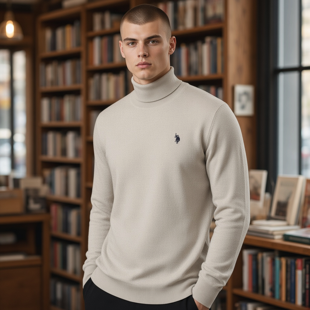 Jersey de cuello alto gris de liquidationlive para hombre con logotipo bordado, estilo elegante en biblioteca.
